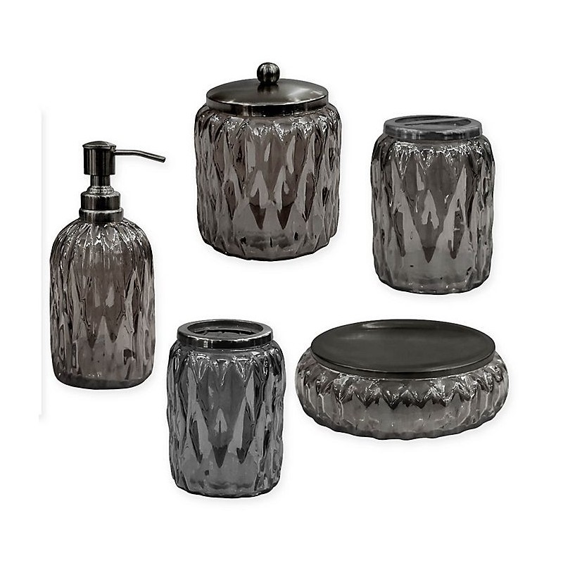 Glacier II Black Metal and Faceted Smoke Glass Bath Accessories